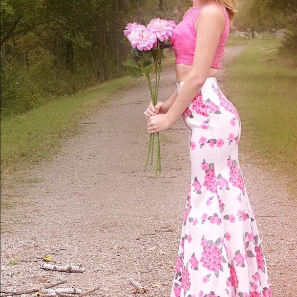 Two piece floral prom dress