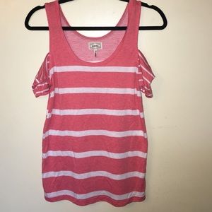Salmon and white striped open shoulder top