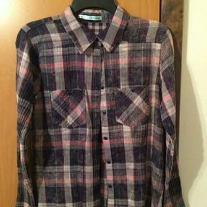 Purple and pink button up plaid shirt