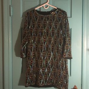 Black dress with blue and gold sequin design