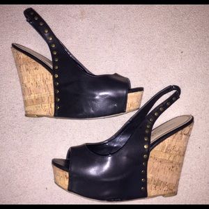 Chinese Laundry Black/Cork Platform Wedge Heels