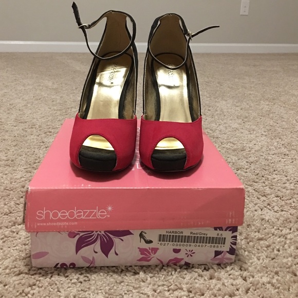 Gray and red ankle strap heels. Size 8.5.