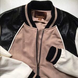 Multi-color bomber jacket w faux leather detail