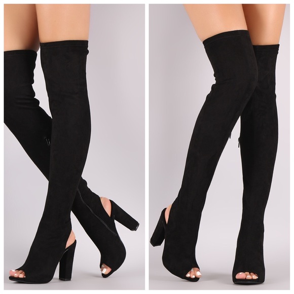 Black stretchy fitted OTK open back suede boots - Picture 1 of 7