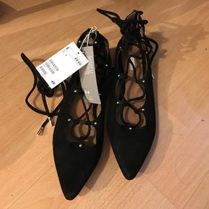Suede lace/tie up flats black