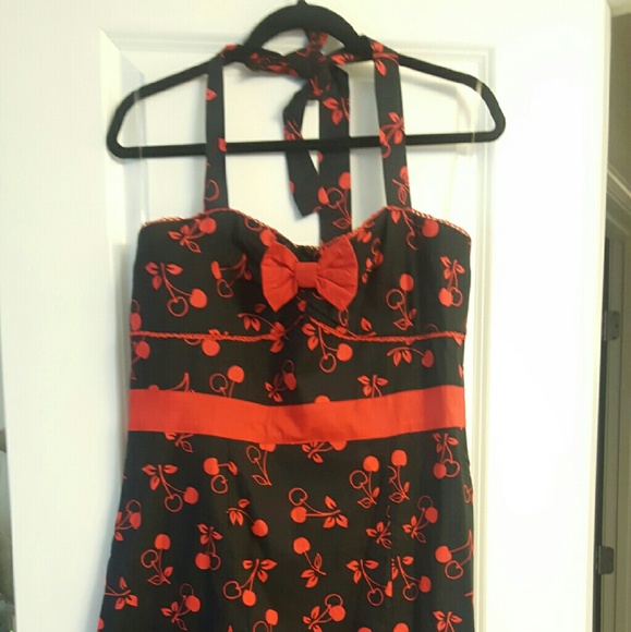 Hot topic Black and red cherry print halter dress