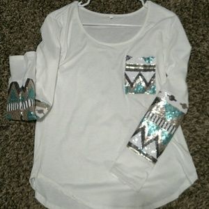 White, sequin detail, long sleeve high-low tee