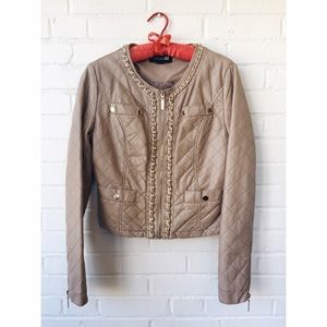 Quilted Vegan Leather Jacket with Gold Chain: M