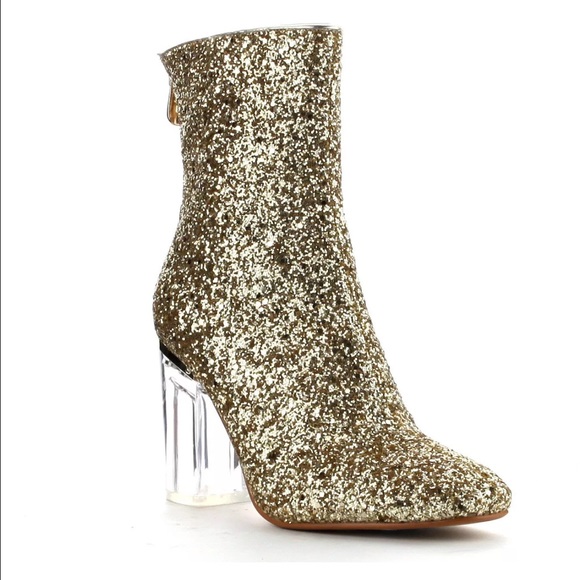Cape Robbin Shoes - Metallic Glitter Ankle Booties Clear Glass Heel