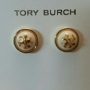 Tory Burch Gold & Ivory Melodie Stud Logo Earrings