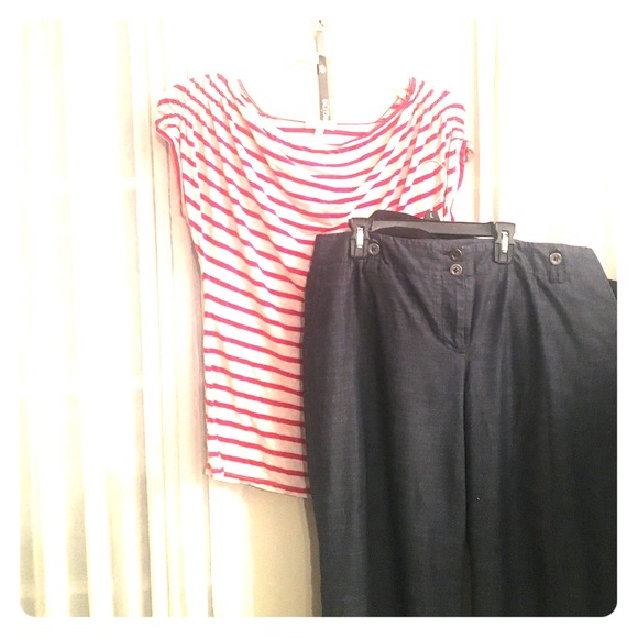 Business denim, stripped cream and red top