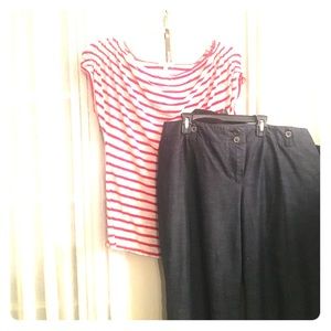 Business denim, stripped cream and red top