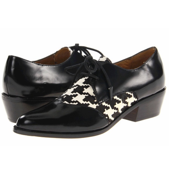 L.A.M.B. houndstooth black patent leather brogues