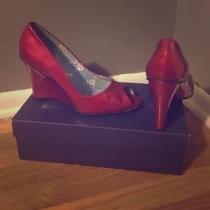Stuart Weitzman Red Patent Leather Peeptoe Wedges
