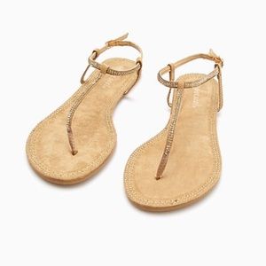 (Beige) Skinny Rhinestone T-Strap Sandal