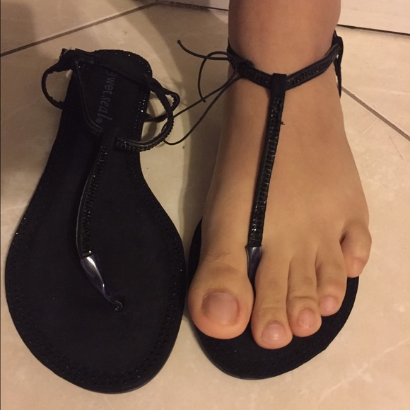 (Black) Skinny Rhinestone T-Strap Sandal - Picture 3 of 4