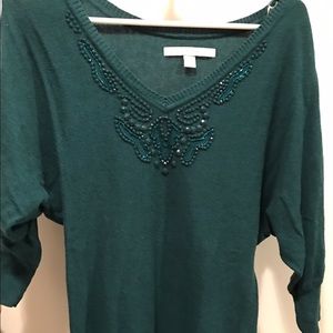 Dark green v neck sweater with beading