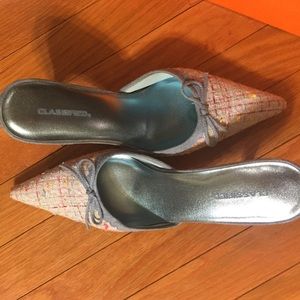 Blue Tweed High Heel Slides