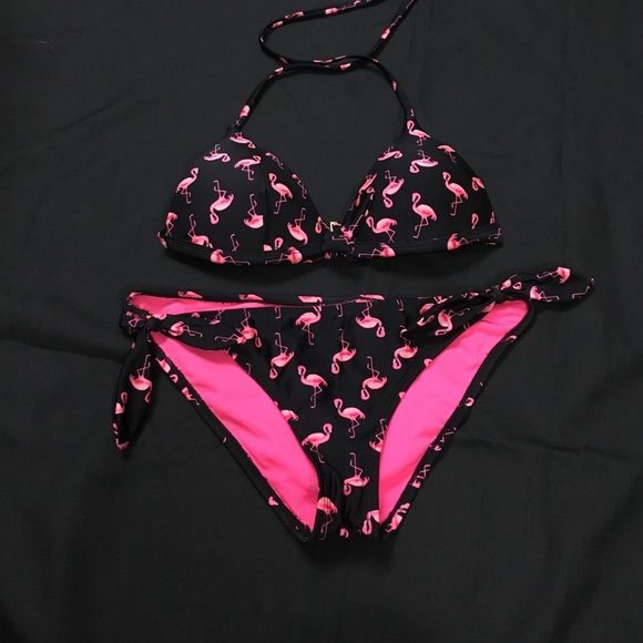 Pink and black flamingo bikini