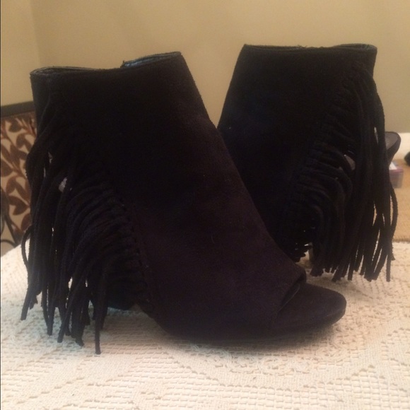 Black fringe ankle open toe booties. Super cute!