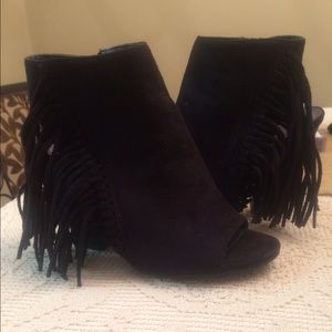 Black fringe ankle open toe booties. Super cute!