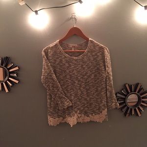 Grey and White 3/4 Sleeve Sweater with Lace