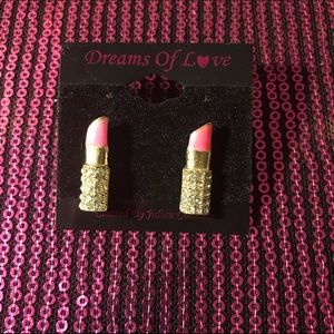 Gold and pink lipstick post earrings