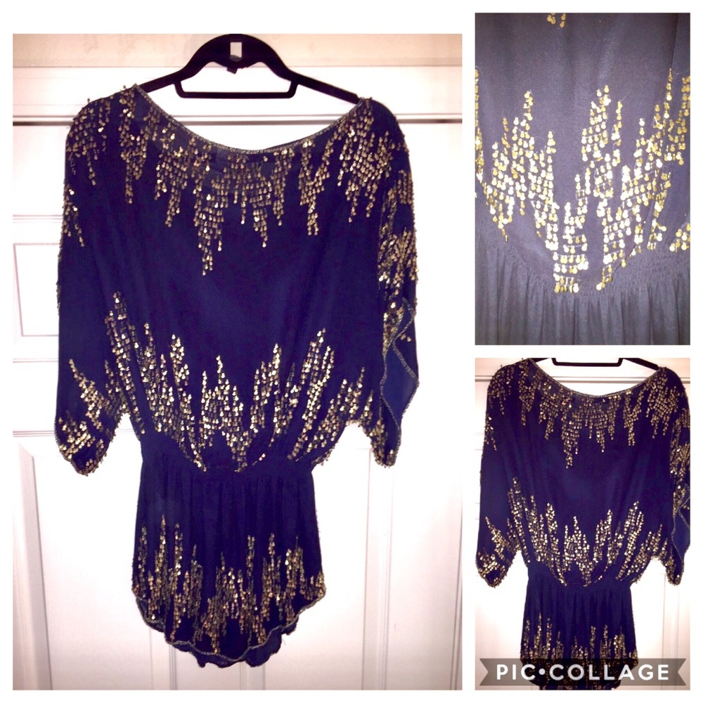 Navy Blue and Gold Accent Top or Mini Dress