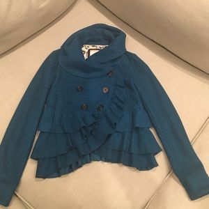 Anthropologie Teal Ruffle Blazer by Elevenses