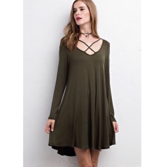 GlamVault Dresses & Skirts - Last One Sz M ❣️Olive Crisscross Strap Tunic Dress