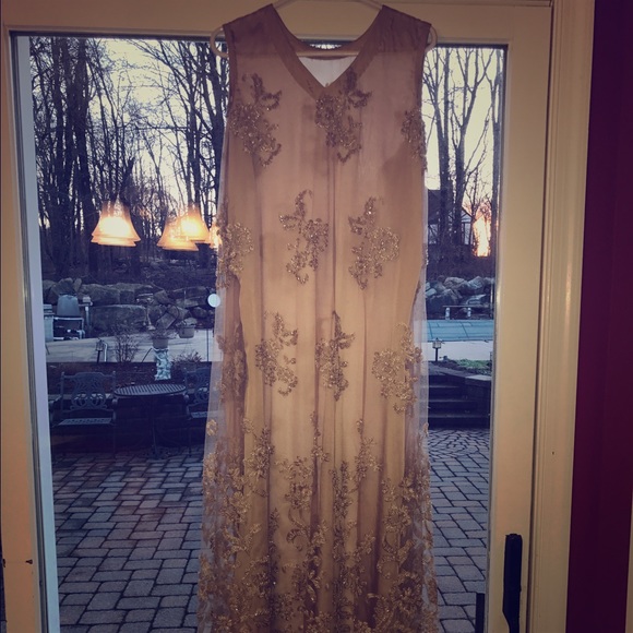 Beaded Champagne Dress w Silk Pant &Glass Bracelet