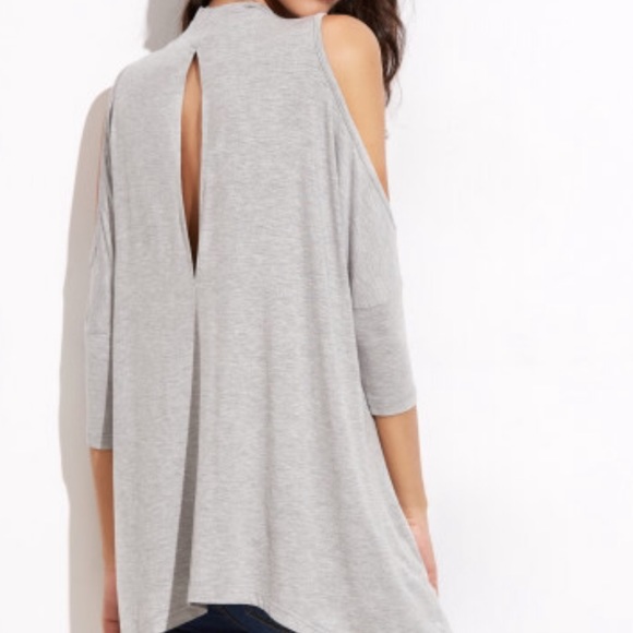 πH PπHEATHER GRAY MOCK π’NECK COLD SHOULDER TOP - Picture 2 of 4
