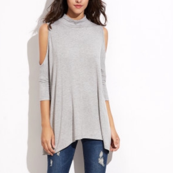 πH PπHEATHER GRAY MOCK π’NECK COLD SHOULDER TOP - Picture 3 of 4