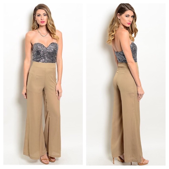 Pants Womens Sequin Strapless Tan Jumpsuit Romper S M L Poshmark