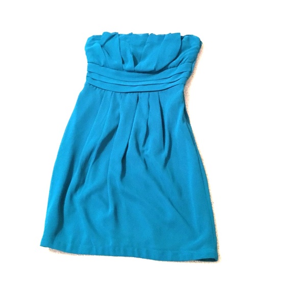 teal, strapless mini dress