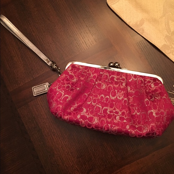 authentic silver glitter and hot pink coach clutch