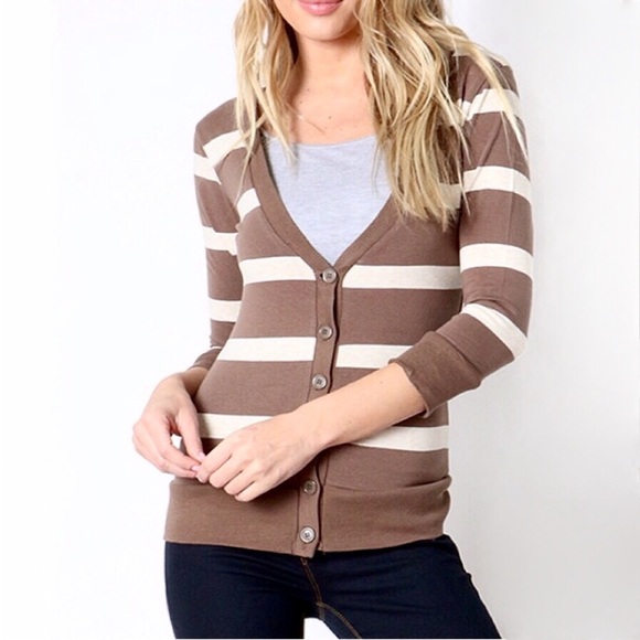 Zenana Beige Brown Stripe V Neck Cardigan - Picture 1 of 4