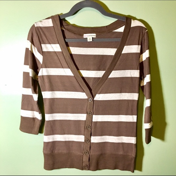 Zenana Beige Brown Stripe V Neck Cardigan - Picture 2 of 4