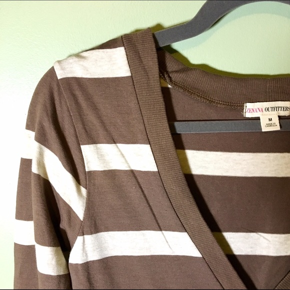 Zenana Beige Brown Stripe V Neck Cardigan - Picture 3 of 4