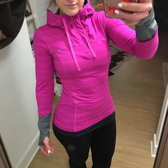 MPG Pink and Gray hooded ruffle pullover