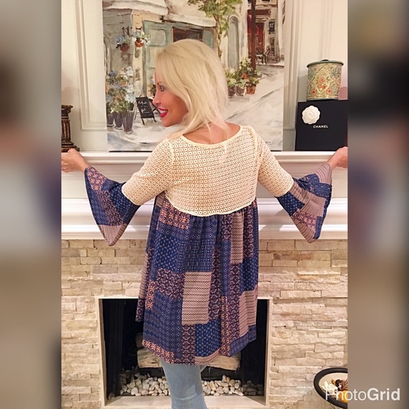 Patchwork top w/lace and 3 qtr sleeves! Last 1 - Picture 2 of 2