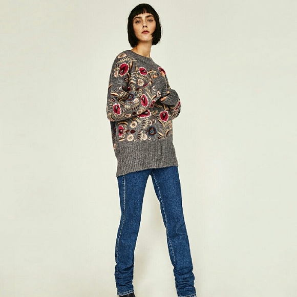 Zara Sweaters Zara Floral Oversized Embroidered Sweater Poshmark