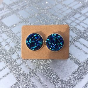 Blue Druzy Stud Earrings