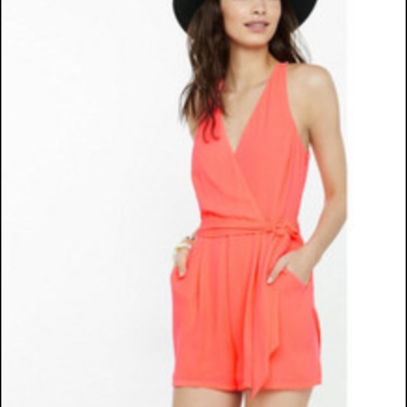 Express Neon Coral Surplice Romper
