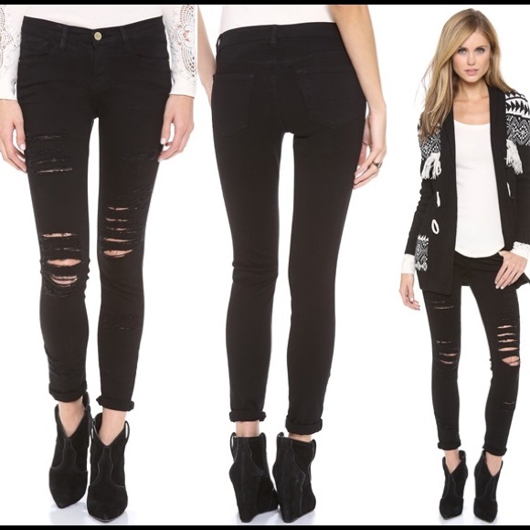 FRAME Denim Rip Skinny Jeans Black size 26