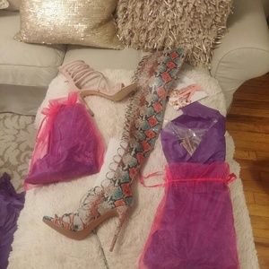 Snake print lace up thigh high boots