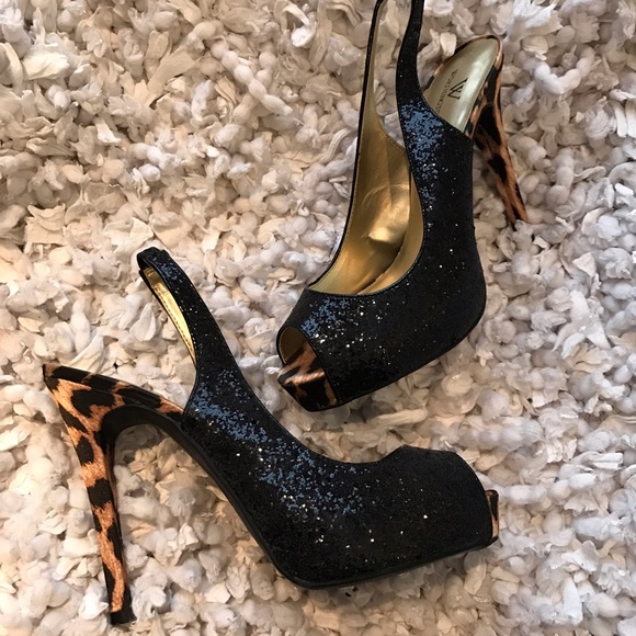Peep Toe Black Sequined Heels (Leopard) Size 10