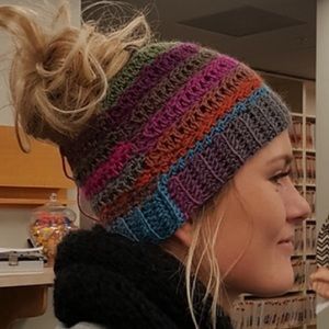 Tan Messy Bun Beanie