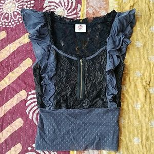 Free People Black & Gray Sheer Lace Ruffle Top 2 Free People Black & Gray Sheer Lace Ruffle Top 2