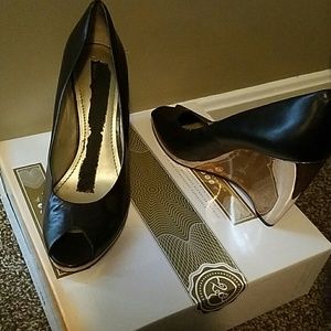 brown and gold leather wedge